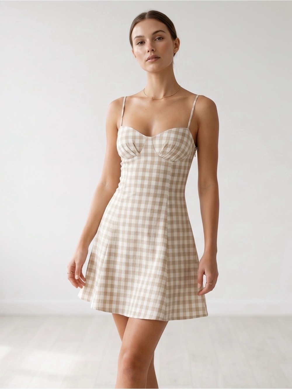 New Promesa Beige Gingham Dress